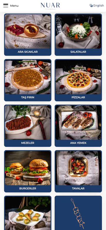 A restaurant's QrMenum QR menu on a phone: photo category cards