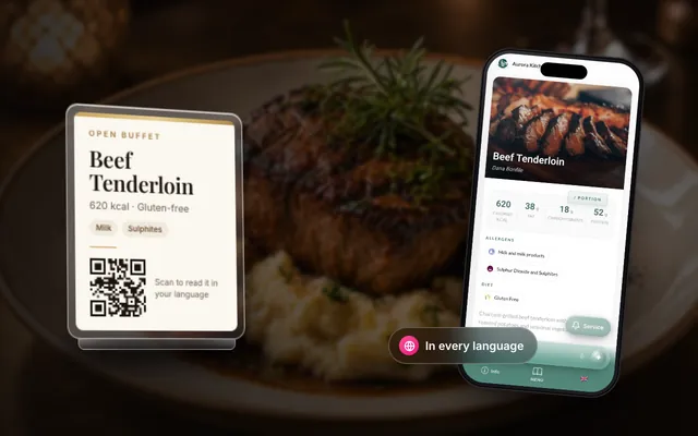 A QR product card at an open buffet and the dish details it opens on a guest's phone: calories, nutrition, allergens