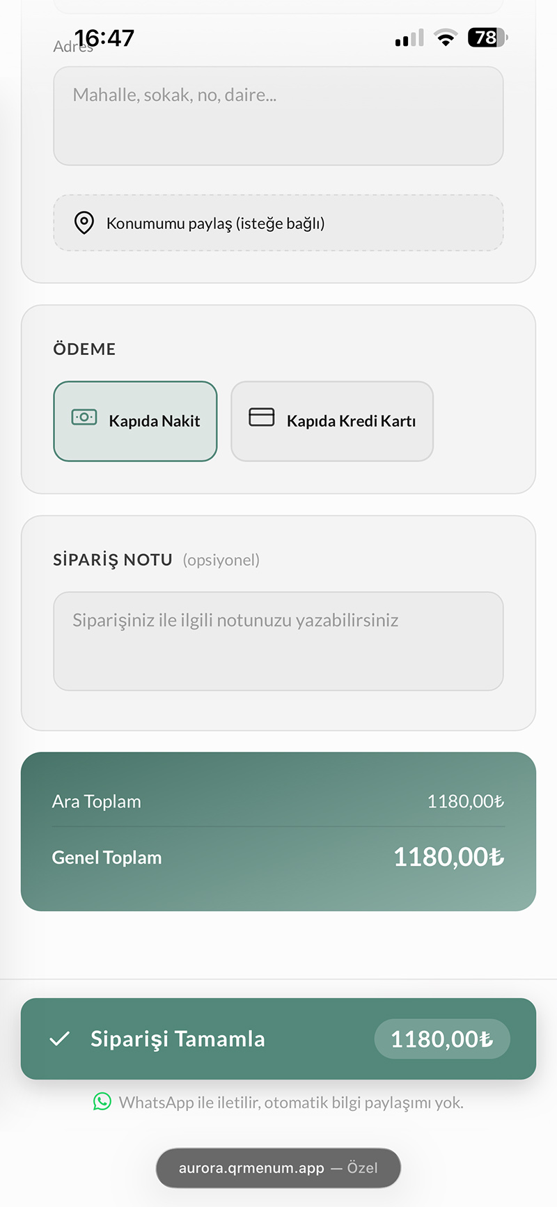 Sipariş özeti ve WhatsApp gönderimi