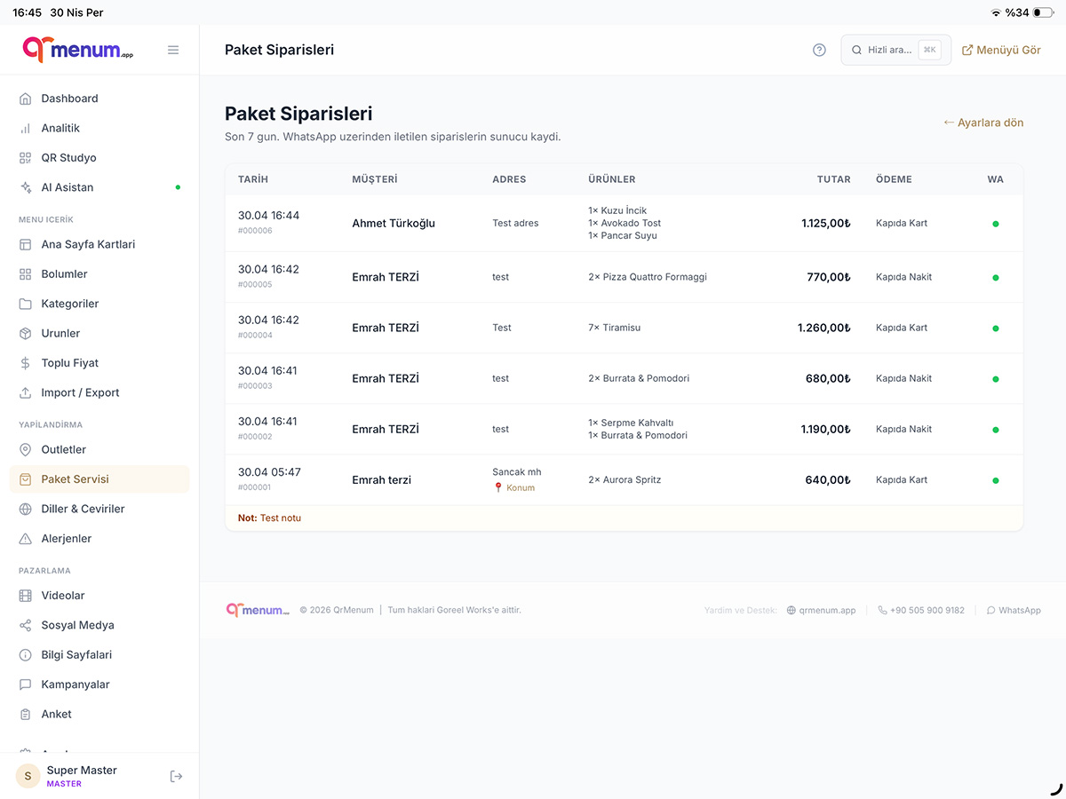 QrMenum admin panel — takeaway order list