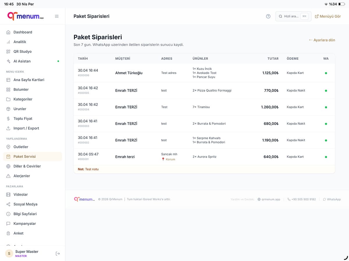 QrMenum admin panel — takeaway order list, filtering and history