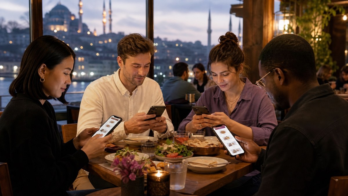 Uluslararası misafirler aynı restoran menüsünü kendi telefonlarından inceliyor